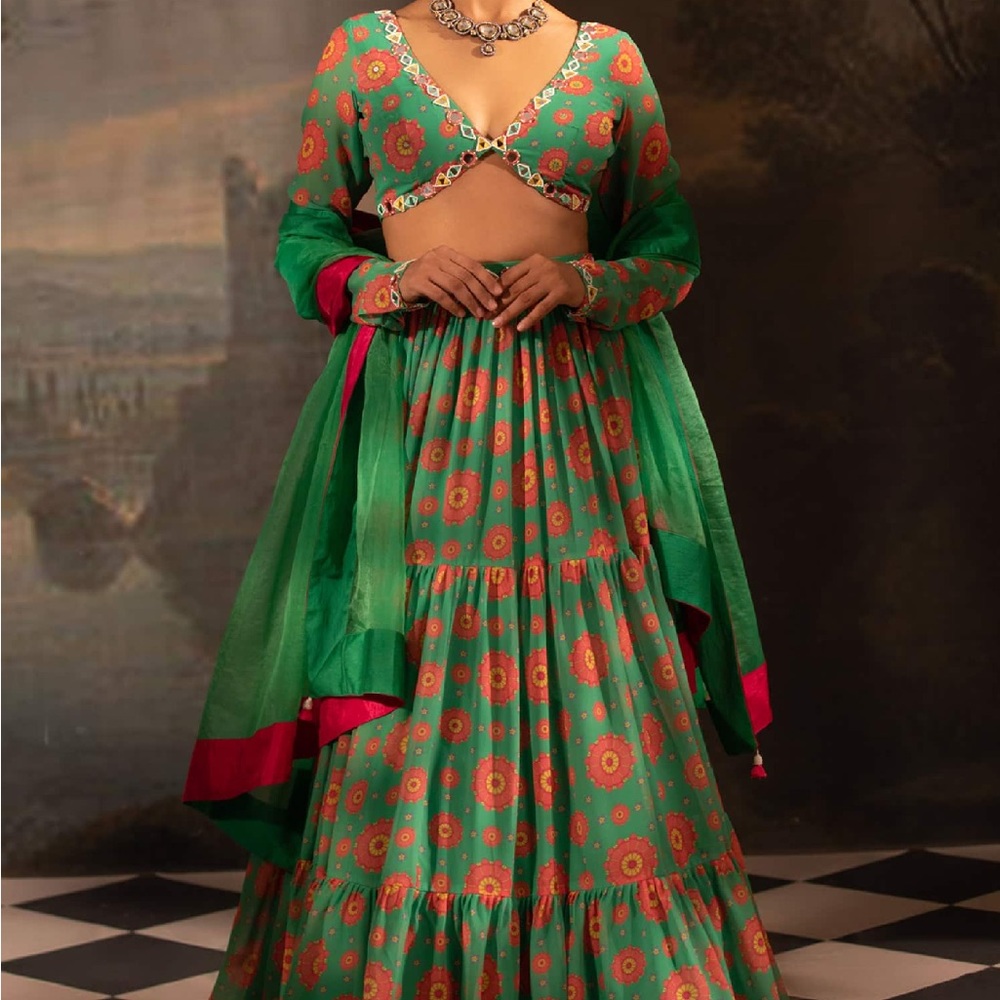 Green Printed Lehenga Set